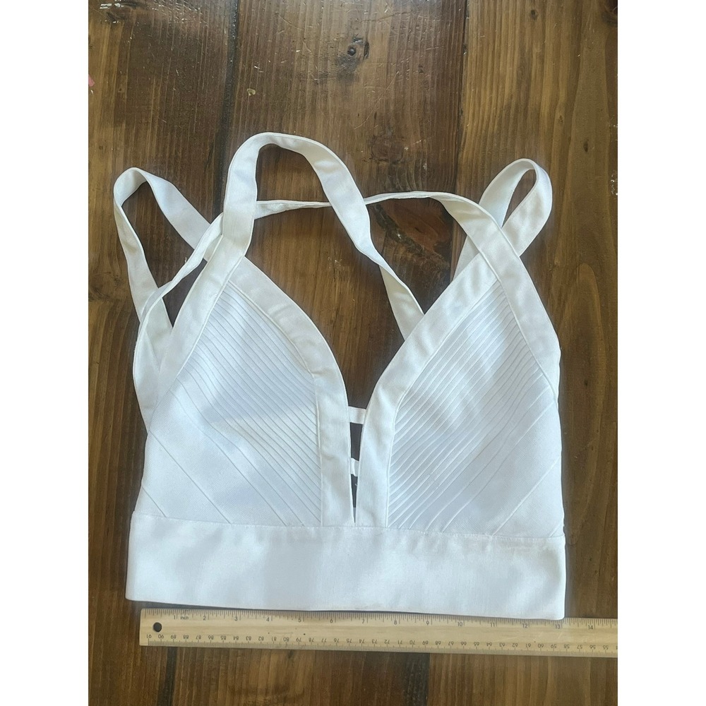 Wow Couture White Bandage Crop Top V-Neck Multi-Strap Ribbed Bodycon Size L